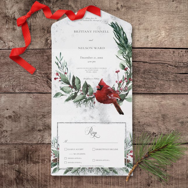 Rustic Winter Wreath & Red Cardinal Dinner All In One Invitation (Rustic Winter Wreath & Red Cardinal All In One Wedding Invitation with Dinner Selection Options)