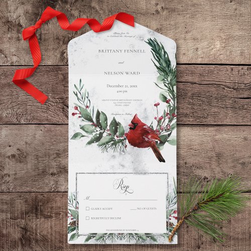 Rustic Winter Wreath  Red Cardinal No Dinner All In One Invitation