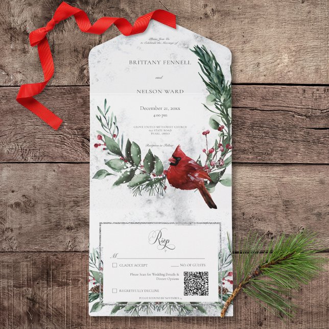 Rustic Winter Wreath & Red Cardinal QR Code All In One Invitation (Rustic Winter Wreath & Red Cardinal All In One Wedding Invitation with QR Code)