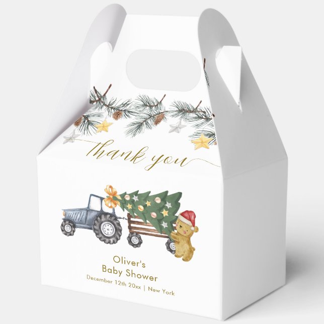 Rustic Winter X'mas Tree Tractor Bear Baby Shower  Favor Boxes (Front)
