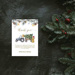 Rustic Winter X'mas Tree Tractor Bear Baby Shower  Thank You Card