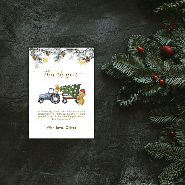 Rustic Winter X'mas Tree Tractor Bear Baby Shower  Thank You Card (Rustic Winter X'mas Tree Tractor Bear Baby Shower Thank You Card)