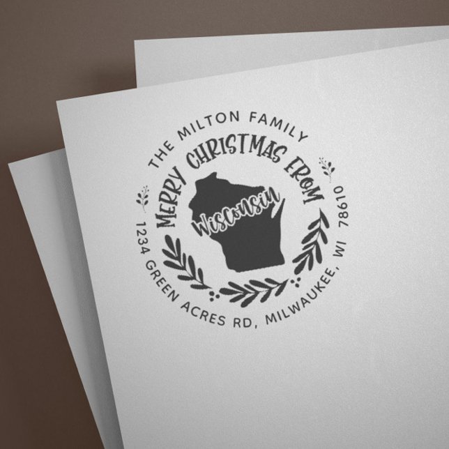 Rustic Wisconsin Merry Christmas Return Address Rubber Stamp (Creator Uploaded)