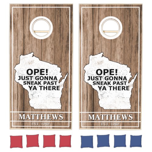 Rustic Wisconsin State Map Funny Ope Family Wood Cornhole Set