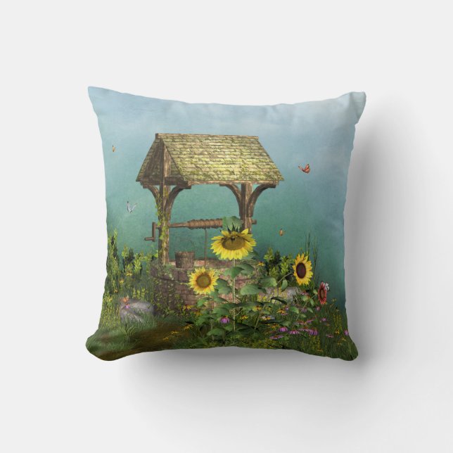 Rustic Wishing Well Garden Throw Pillow (Front)