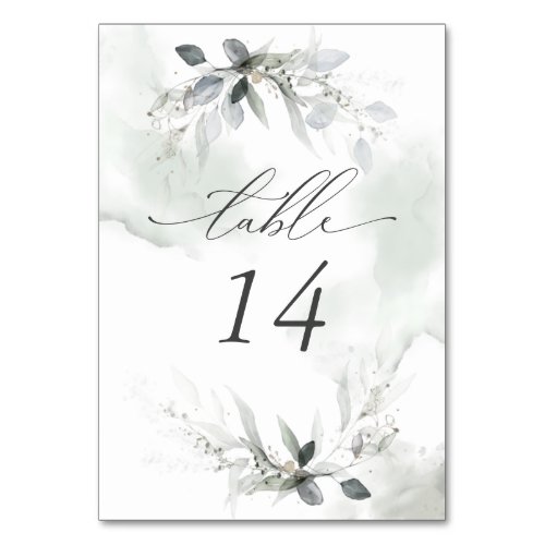 Rustic Wispy Gray Green Watercolor Leaves  Table Number