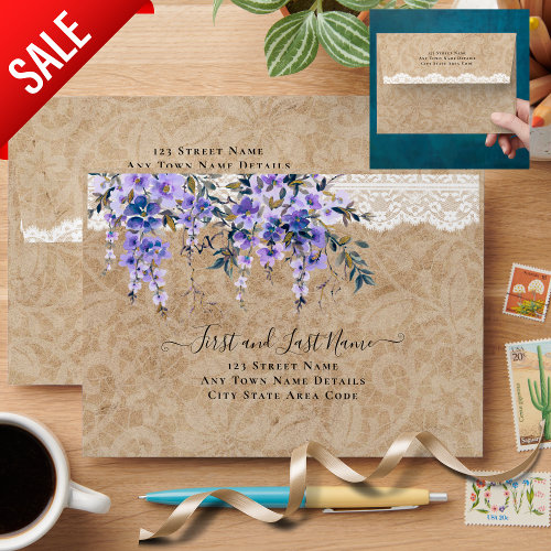 Rustic Wisteria Floral Lace Wedding A7 Envelope