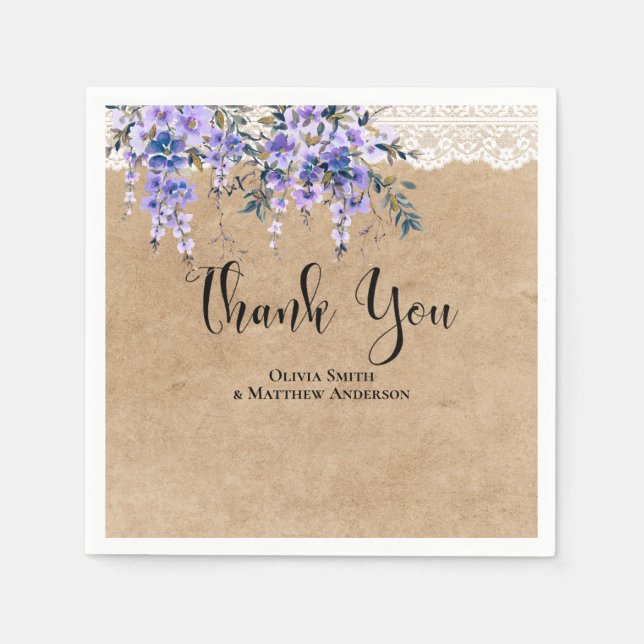 Rustic Wisteria Floral Lace Wedding Thank You Napkins (Front)
