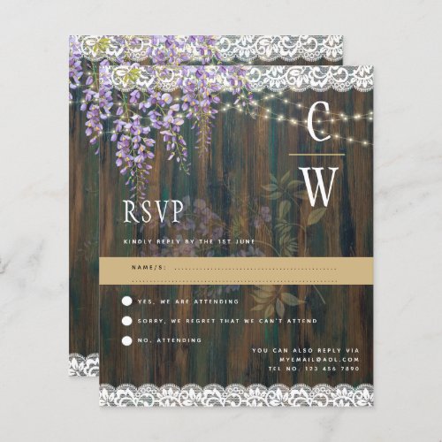 Rustic Wisteria Lace Lights Wood Wedding RSVP