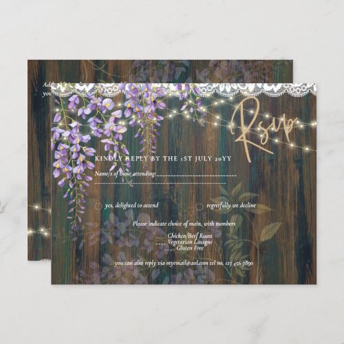 Rustic Wisteria Wood Lace Lights Wedding RSVP Postcard