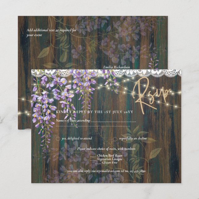 Rustic Wisteria Wood Lace Lights Wedding RSVP Postcard (Front/Back)