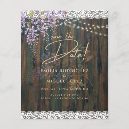 Rustic Wisteria Wood Lace Lights Wedding Save Date Flyer
