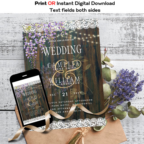 Rustic Wisteria Wood Print or Digital Wedding Invitation