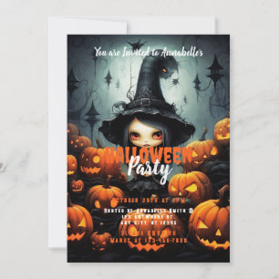 Rustic Witch Bats Pumpkins Halloween Party Invitation