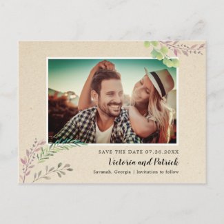 Rustic with Greenery Photo Save the Date Announcement Postcard