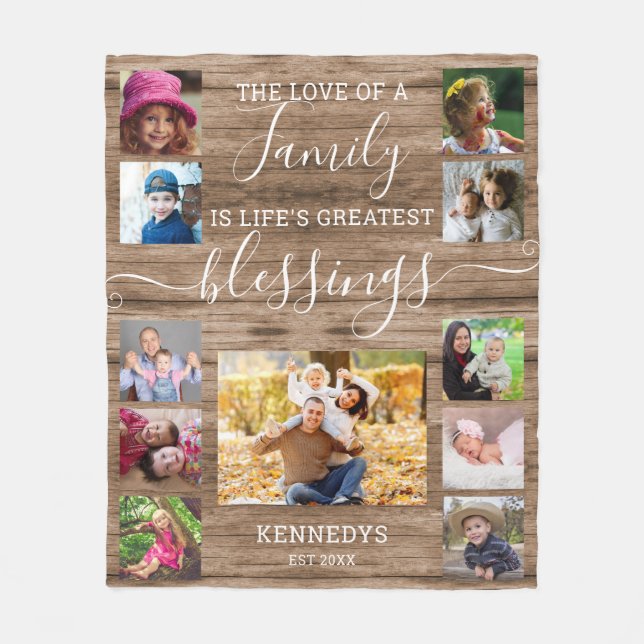 Rustic Wood 11 Photo Collage Family Love Quote Fleece Blanket (Front)