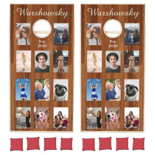 Rustic Wood 11 photo collage with a family Name Cornhole Set