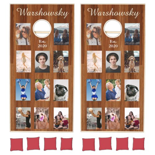 Rustic Wood 11 photo collage with a family Name Cornhole Set