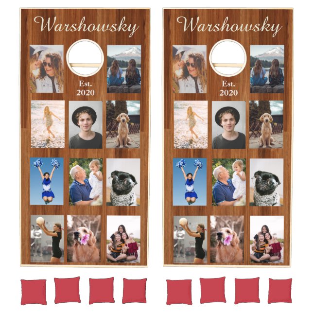 Rustic Wood 11 photo collage with a family Name Cornhole Set (Set)