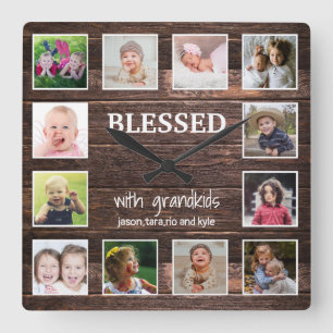 Rustic Wood 12 Photo Blessed With Grandchildren Square Wall Clock