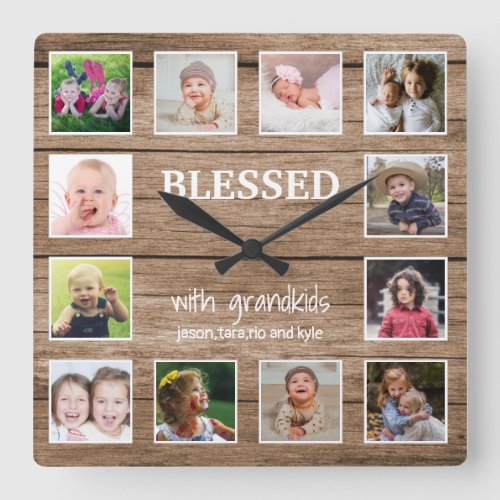 Rustic Wood 12 Photo Collage Blessed Grandparents Square Wall Clock