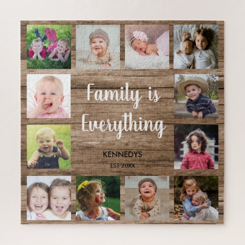 Rustic Wood 12 Photo Collage Family Jigsaw Puzzle