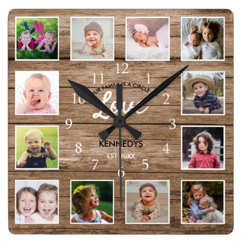 Rustic Wood 12 Photo Collage Family Love Quote Square Wall Clock
