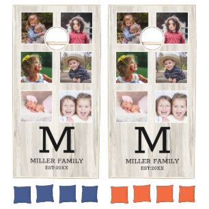 Rustic Wood 12 Photo Collage Family Monogram Cornhole Set
