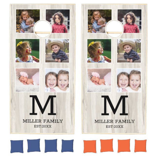 Rustic Wood 12 Photo Collage Family Monogram  Cornhole Set (Set)