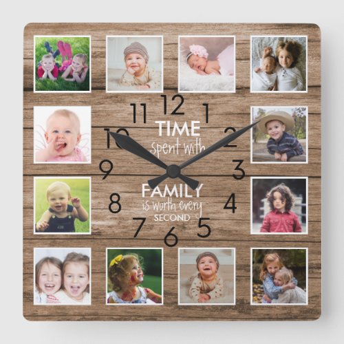Rustic Wood 12 Photo Collage Family Time Quote Square Wall Clock