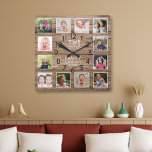 Rustic Wood 12 Photo Collage Family Time Quote Square Wall Clock<br><div class="desc">Rustic wood photo clock with the inspiring family quote "Time spent with family is worth every second”. Personalize with 12 of your favorite family pictures.</div>