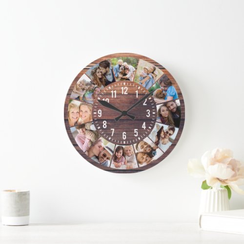 Rustic Wood 12 Photo Collage Large Clock