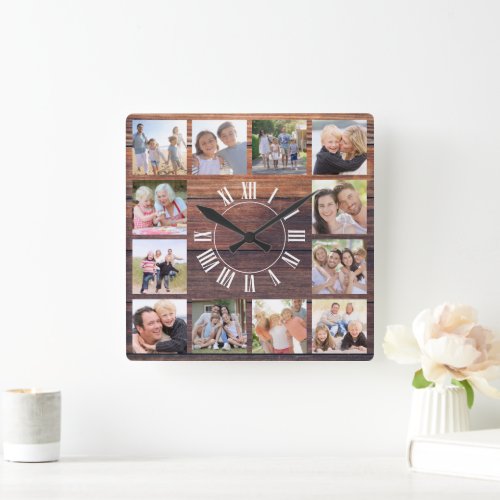 Rustic Wood 12 Photo Collage Square Wall Clock