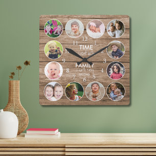 Rustic Wood 12 Photo Round Template Family Quote   Square Wall Clock