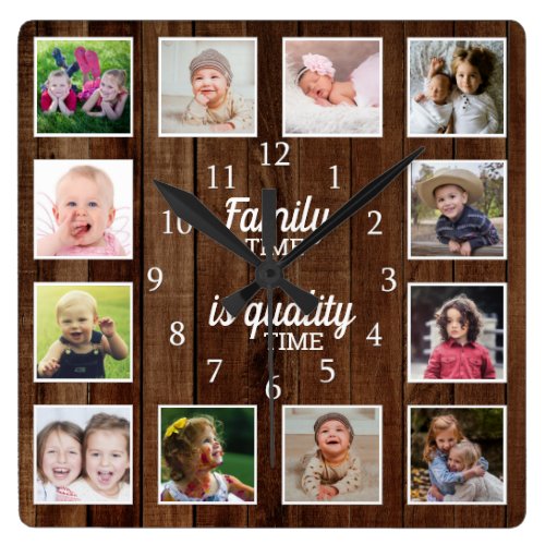 Rustic Wood 12 Photo Template Family Time Quote Square Wall Clock