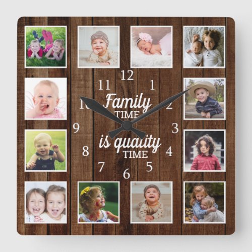 Rustic Wood 12 Photo Template Family Time Quote Square Wall Clock
