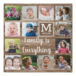 Rustic Wood 13 Photo Collage Family Monogram Faux Canvas Print at Zazzle