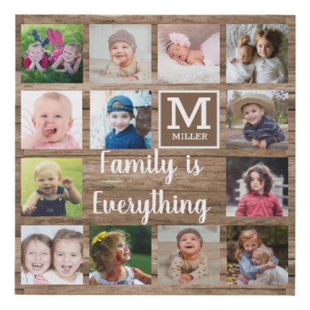Rustic Wood 13 Photo Collage Family Monogram Faux Canvas Print
