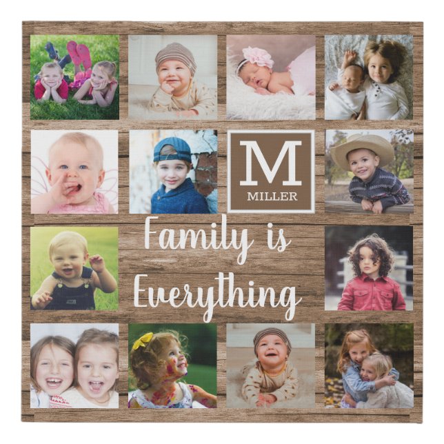 Rustic Wood 13 Photo Collage Family Monogram Faux Canvas Print (Front)
