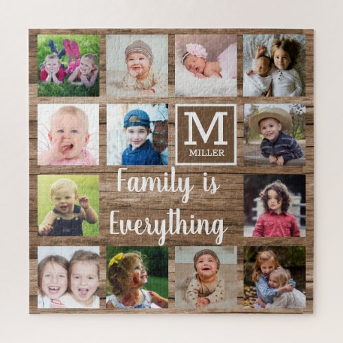 Rustic Wood 13 Photo Collage Family Monogram Jigsaw Puzzle
