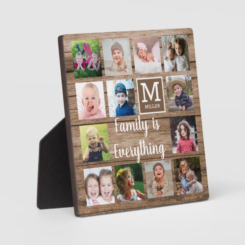 Rustic Wood 13 Photo Collage Family Monogram Plaque