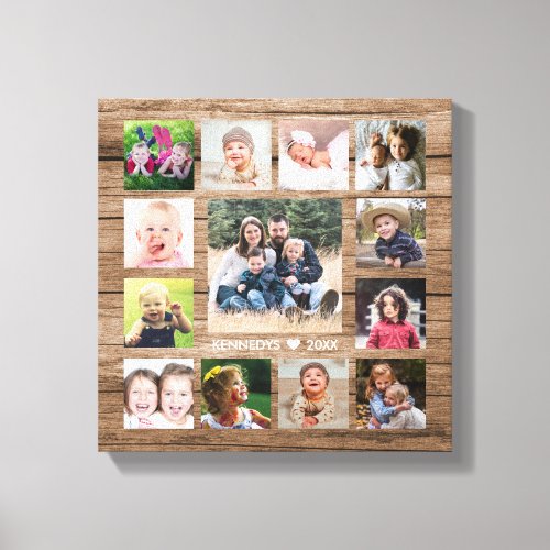 Rustic Wood 13 Photo Collage Family Name Keepsake Canvas Print