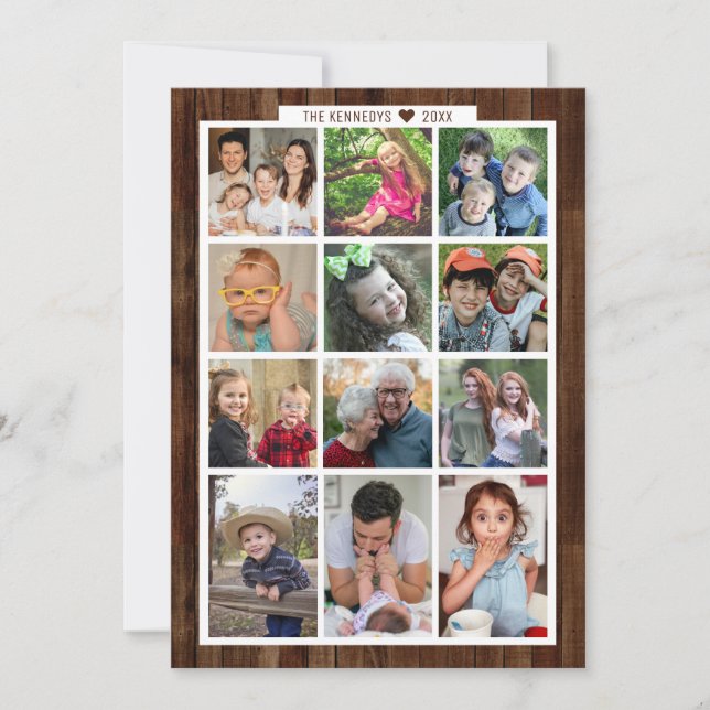 Rustic Wood 13 Photo Collage Family Year In Review Holiday Card (Front)