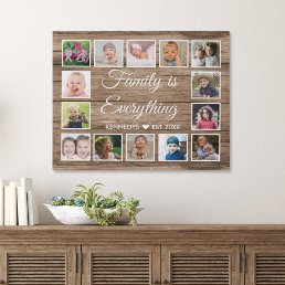 Rustic Wood 14 Photo Collage Family Name Quote Faux Canvas Print