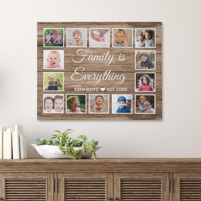 Rustic Wood 14 Photo Collage Family Name Quote Faux Canvas Print (14 photo collage canvas art)