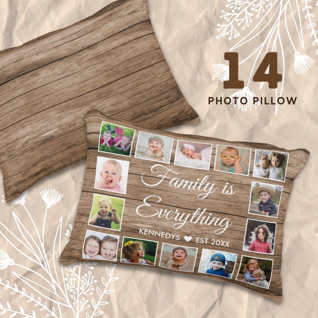 Rustic Wood 14 Photo Collage Family Quote Accent Pillow (14 photo collage accent pillow)