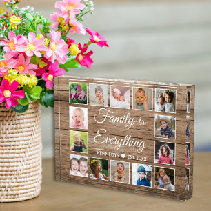 Rustic Wood 14 Picture Collage Family Name Quote Photo Block