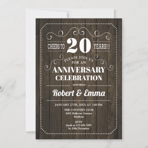 Rustic Wood 20th Wedding Anniversary Party Invitation