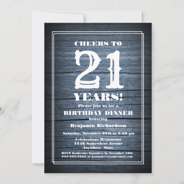 Rustic Wood 21st Birthday Dinner Party Invitation (Front)
