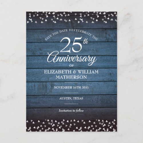 Rustic Wood 25th Silver Anniversary Save the Date Postcard